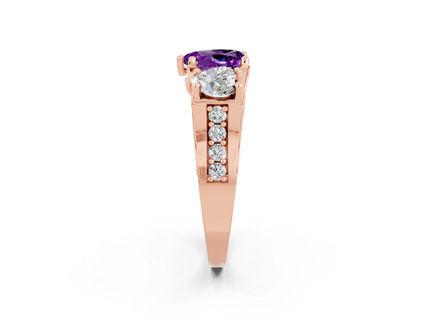 Rose gold Heart Cut Amethyst Three-Stone Ring with Channel Set Band and Four-Prong Setting