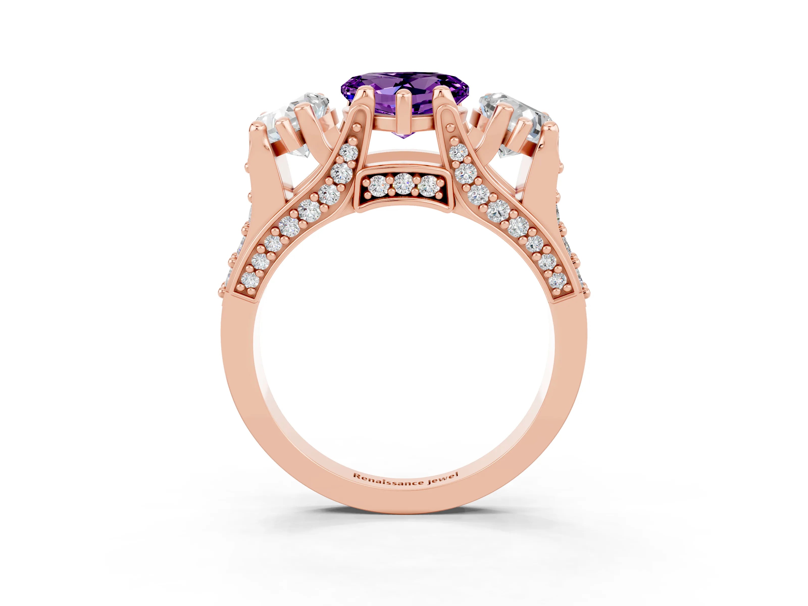 Rose gold Heart Cut Amethyst Three-Stone Ring with Channel Set Band and Four-Prong Setting_3