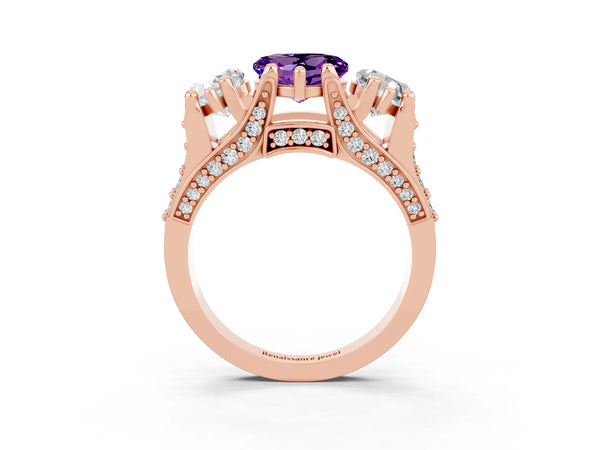 Rose gold Heart Cut Amethyst Three-Stone Ring with Channel Set Band and Four-Prong Setting