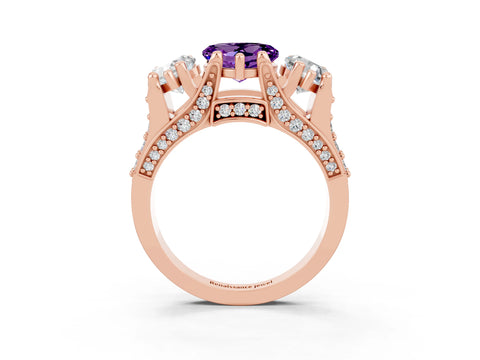 Rose gold Heart Cut Amethyst Three-Stone Ring with Channel Set Band and Four-Prong Setting_3