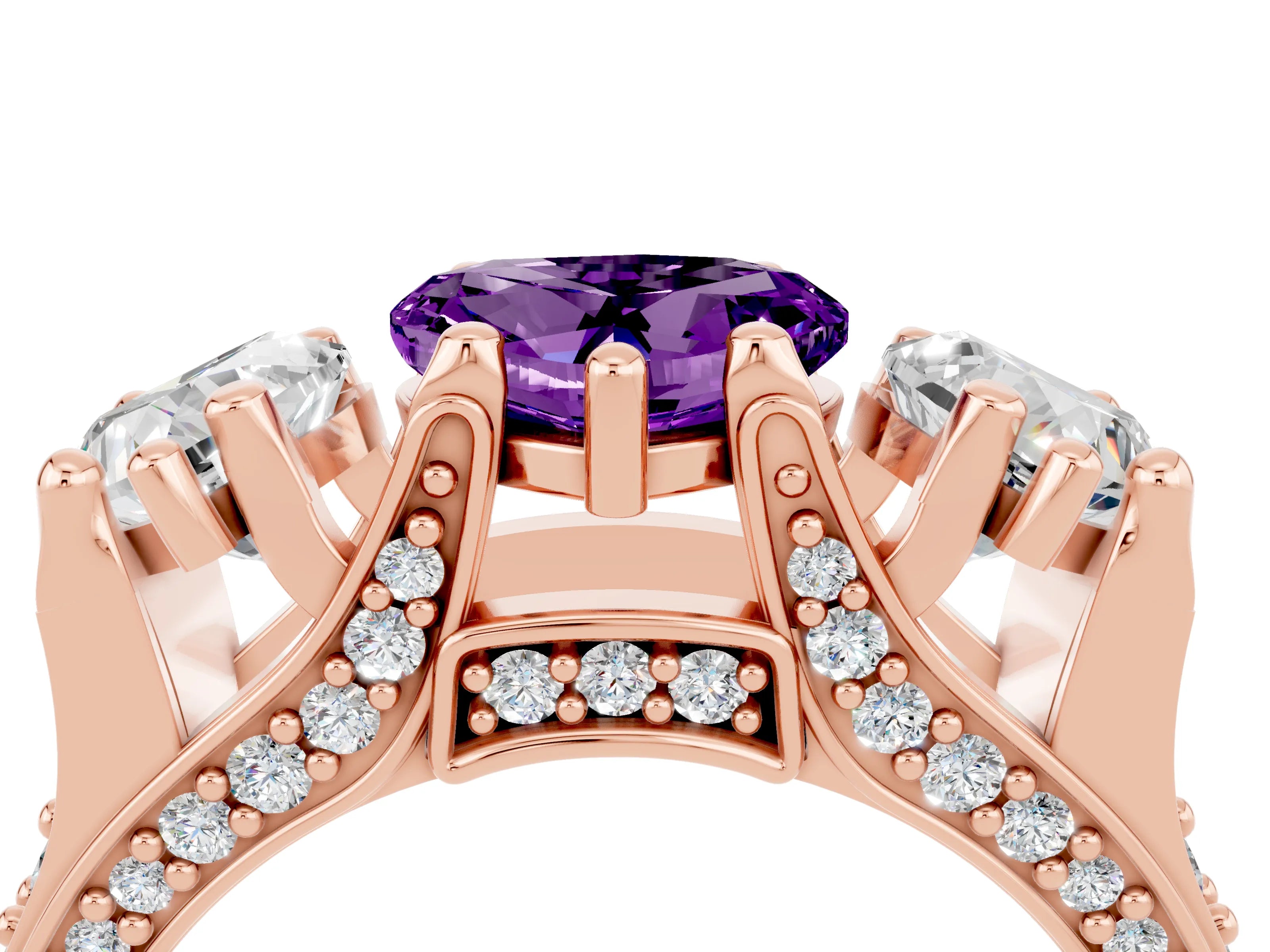 Rose gold Heart Cut Amethyst Three-Stone Ring with Channel Set Band and Four-Prong Setting_4
