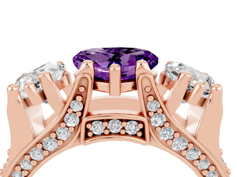 Rose gold Heart Cut Amethyst Three-Stone Ring with Channel Set Band and Four-Prong Setting_4