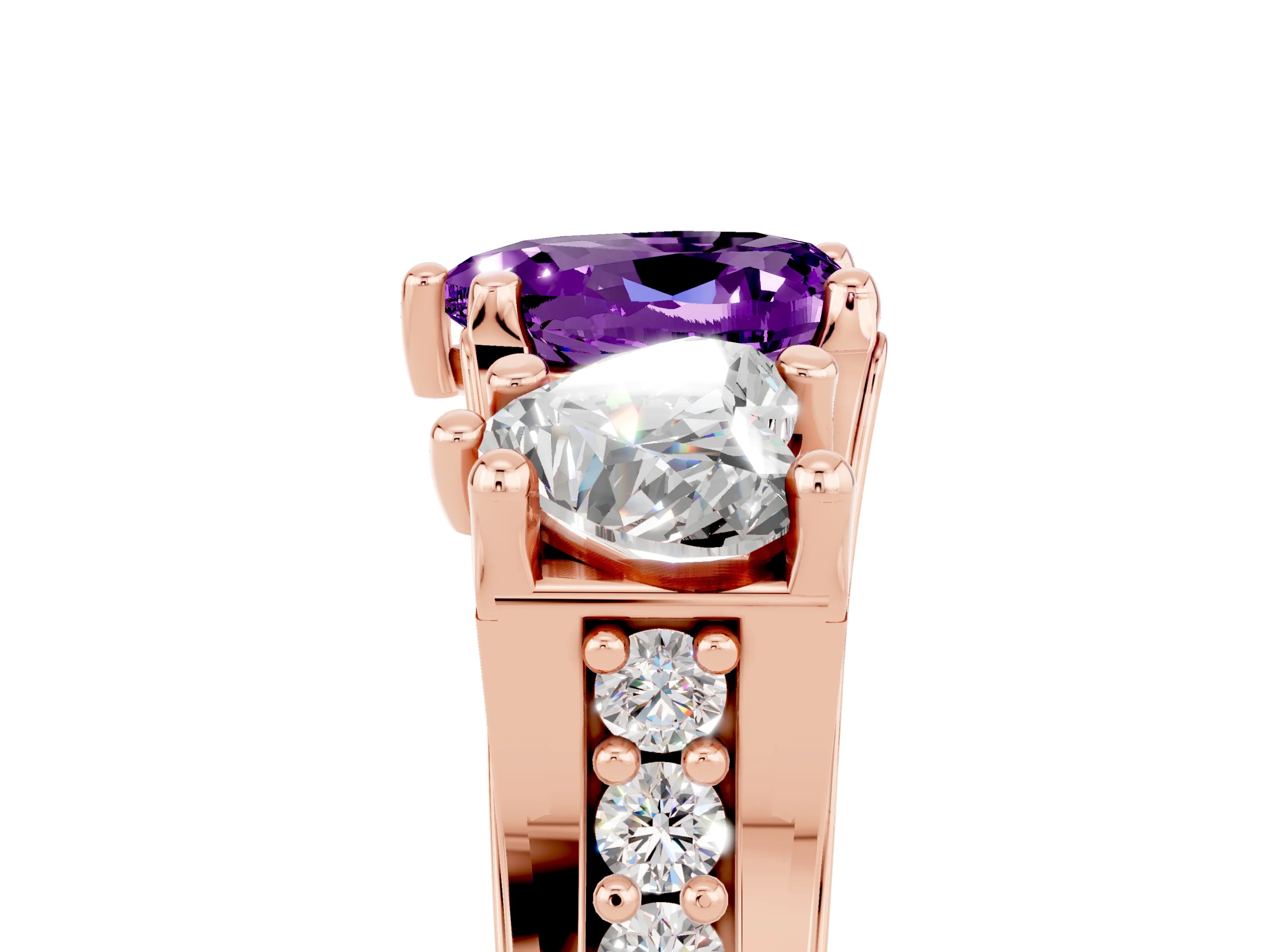 Rose gold Heart Cut Amethyst Three-Stone Ring with Channel Set Band and Four-Prong Setting_5
