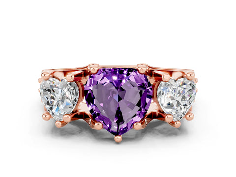Rose gold Heart Cut Amethyst Three-Stone Ring with Channel Set Band and Four-Prong Setting