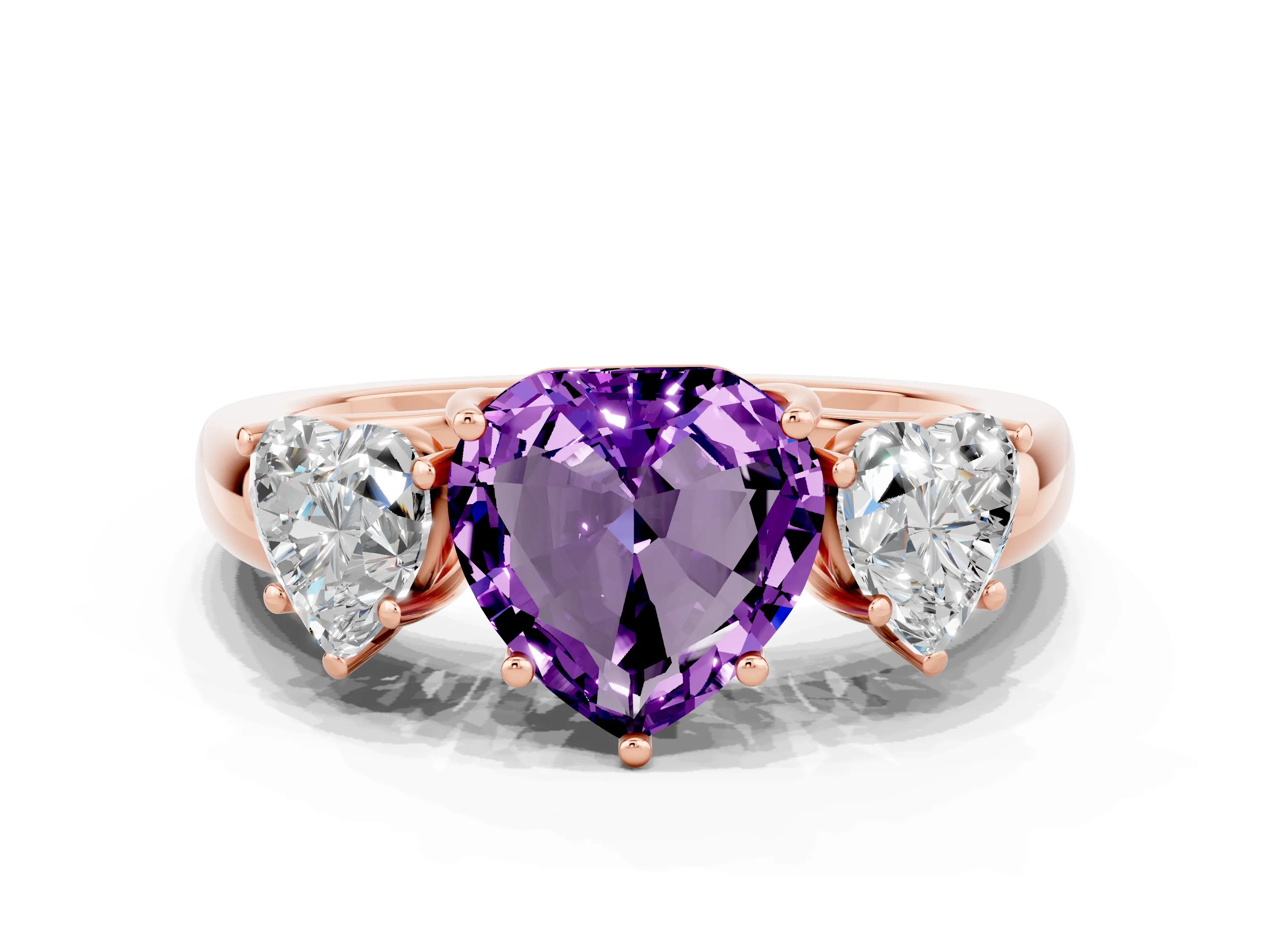 Rose gold Heart Cut Amethyst Three-Stone Ring with Four-Prong Setting and Classic Band