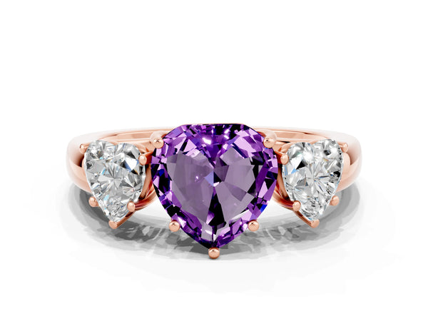 Rose gold Heart Cut Amethyst Three-Stone Ring with Four-Prong Setting and Classic Band