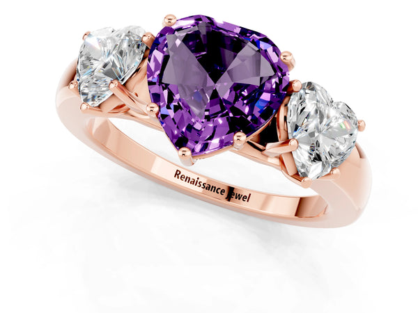 Rose gold Heart Cut Amethyst Three-Stone Ring with Four-Prong Setting and Classic Band
