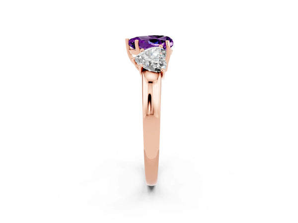 Rose gold Heart Cut Amethyst Three-Stone Ring with Four-Prong Setting and Classic Band