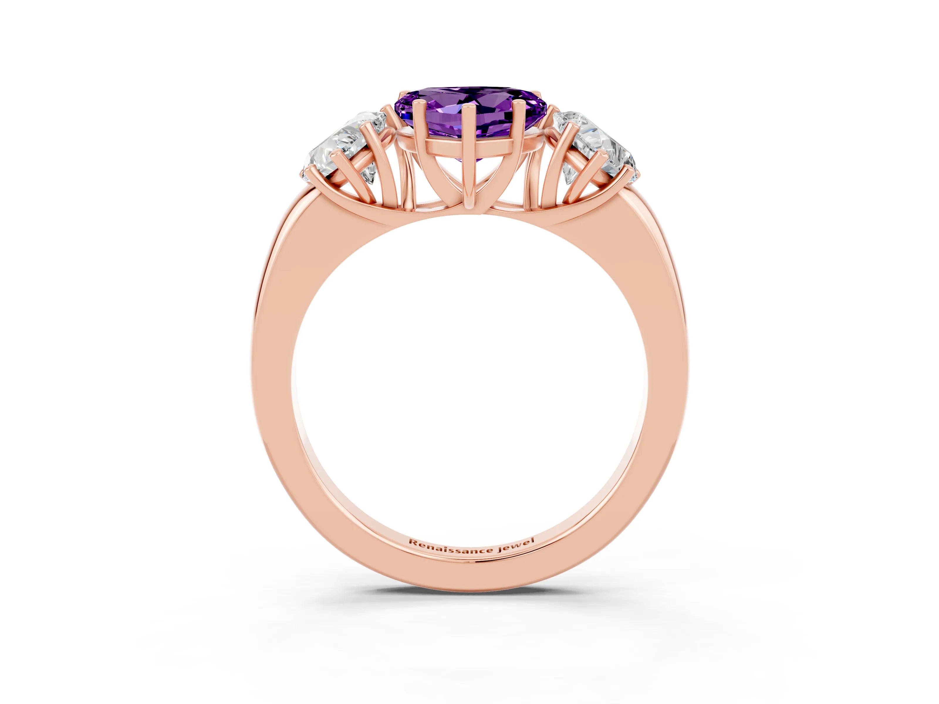 Rose gold Heart Cut Amethyst Three-Stone Ring with Four-Prong Setting and Classic Band_3