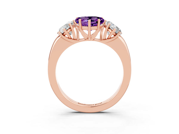Rose gold Heart Cut Amethyst Three-Stone Ring with Four-Prong Setting and Classic Band
