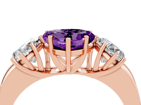 Rose gold Heart Cut Amethyst Three-Stone Ring with Four-Prong Setting and Classic Band_4