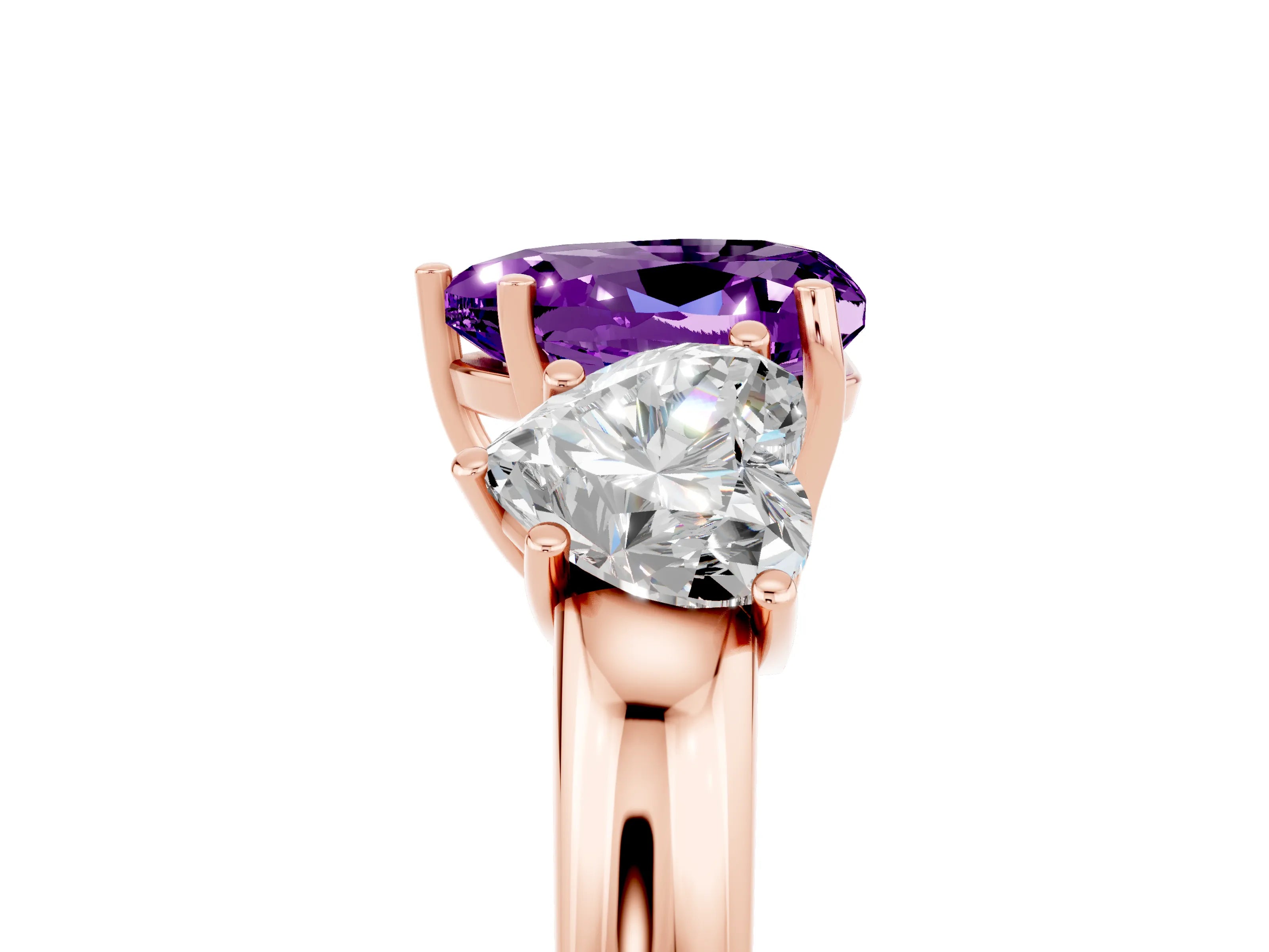 Rose gold Heart Cut Amethyst Three-Stone Ring with Four-Prong Setting and Classic Band_5
