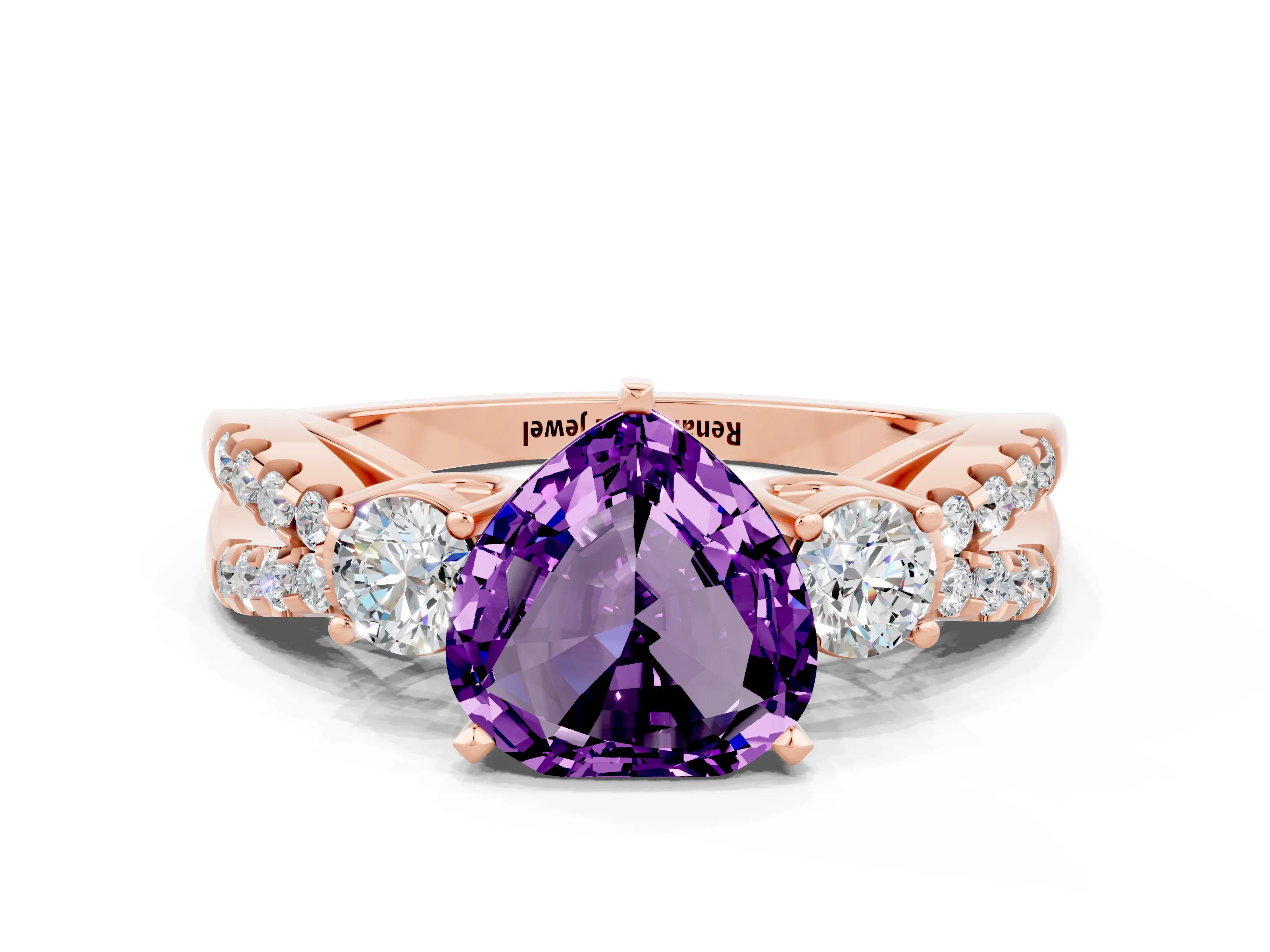 Rose gold Heart Cut Amethyst Three-Stone Ring with Pavé Split Shank and Four-Prong Setting