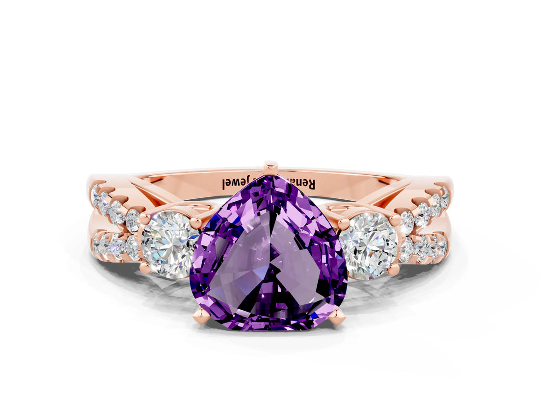 Rose gold Heart Cut Amethyst Three-Stone Ring with Pavé Split Shank and Four-Prong Setting