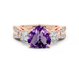 Rose gold Heart Cut Amethyst Three-Stone Ring with Pavé Split Shank and Four-Prong Setting