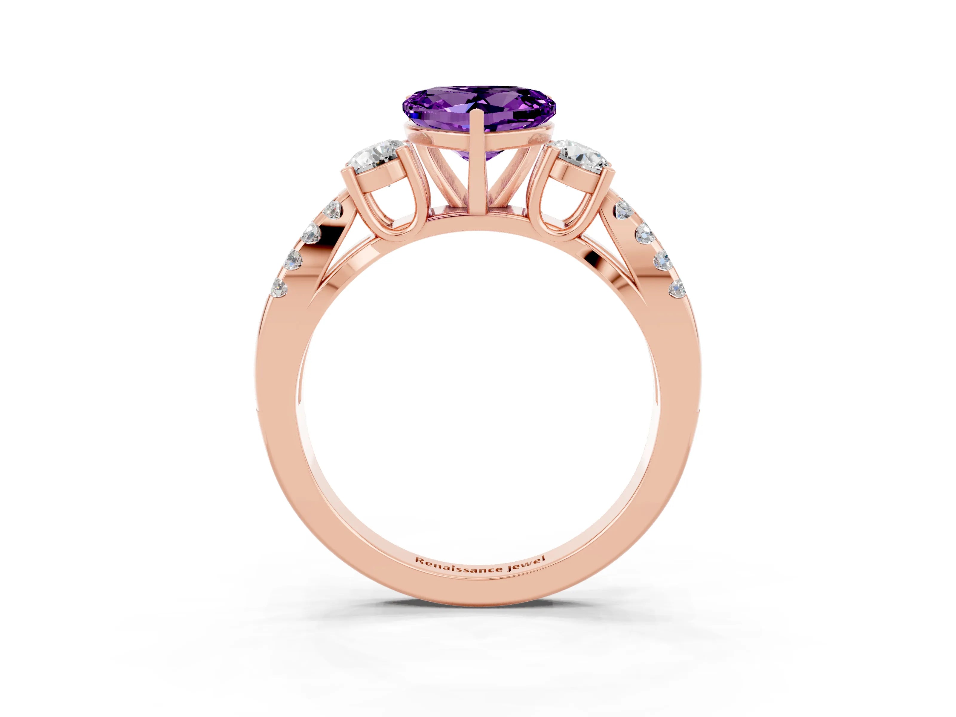 Rose gold Heart Cut Amethyst Three-Stone Ring with Pavé Split Shank and Four-Prong Setting_3