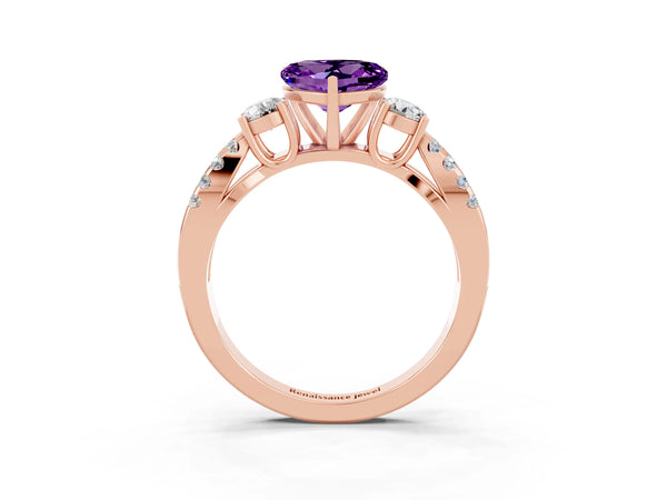 Rose gold Heart Cut Amethyst Three-Stone Ring with Pavé Split Shank and Four-Prong Setting