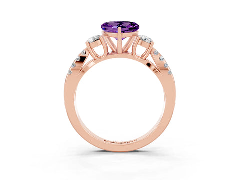 Rose gold Heart Cut Amethyst Three-Stone Ring with Pavé Split Shank and Four-Prong Setting_3