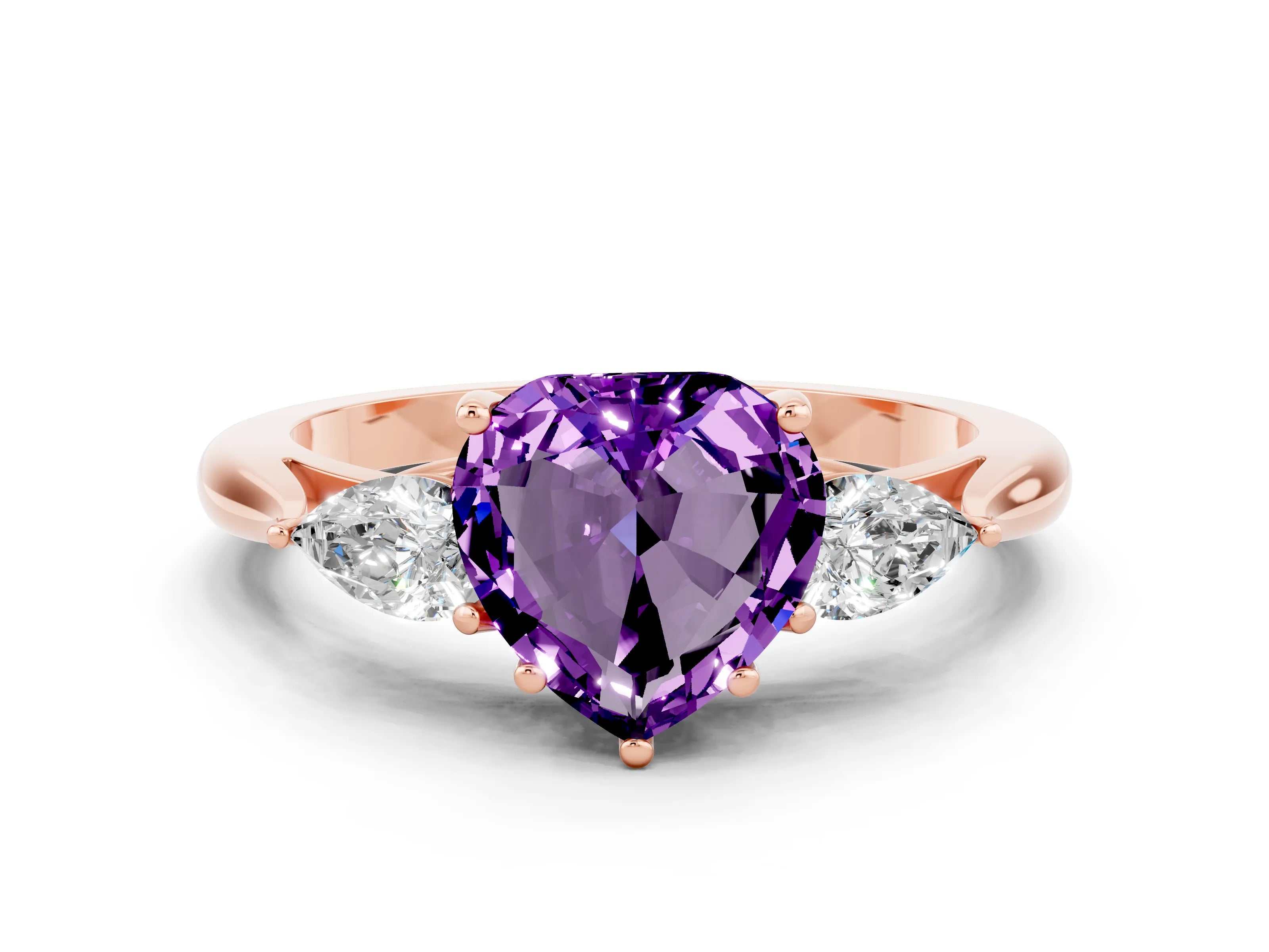 Rose gold Heart Cut Amethyst Three-Stone Ring with Pear Side Stones and Four-Prong Setting_12