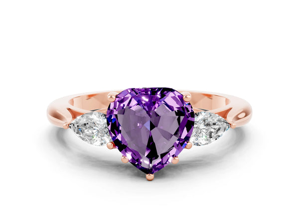 Rose gold Heart Cut Amethyst Three-Stone Ring with Pear Side Stones and Prong Setting