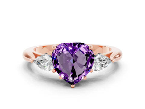 Rose gold Heart Cut Amethyst Three-Stone Ring with Pear Side Stones and Four-Prong Setting_12
