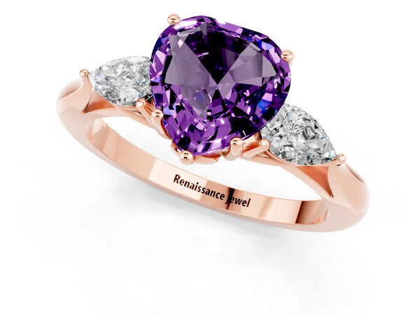 Rose gold Heart Cut Amethyst Three-Stone Ring with Pear Side Stones and Prong Setting