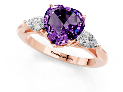 Rose gold Heart Cut Amethyst Three-Stone Ring with Pear Side Stones and Four-Prong Setting_13