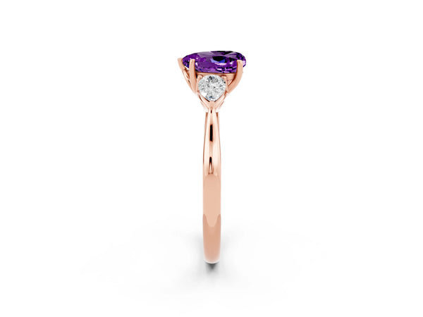 Rose gold Heart Cut Amethyst Three-Stone Ring with Pear Side Stones and Prong Setting