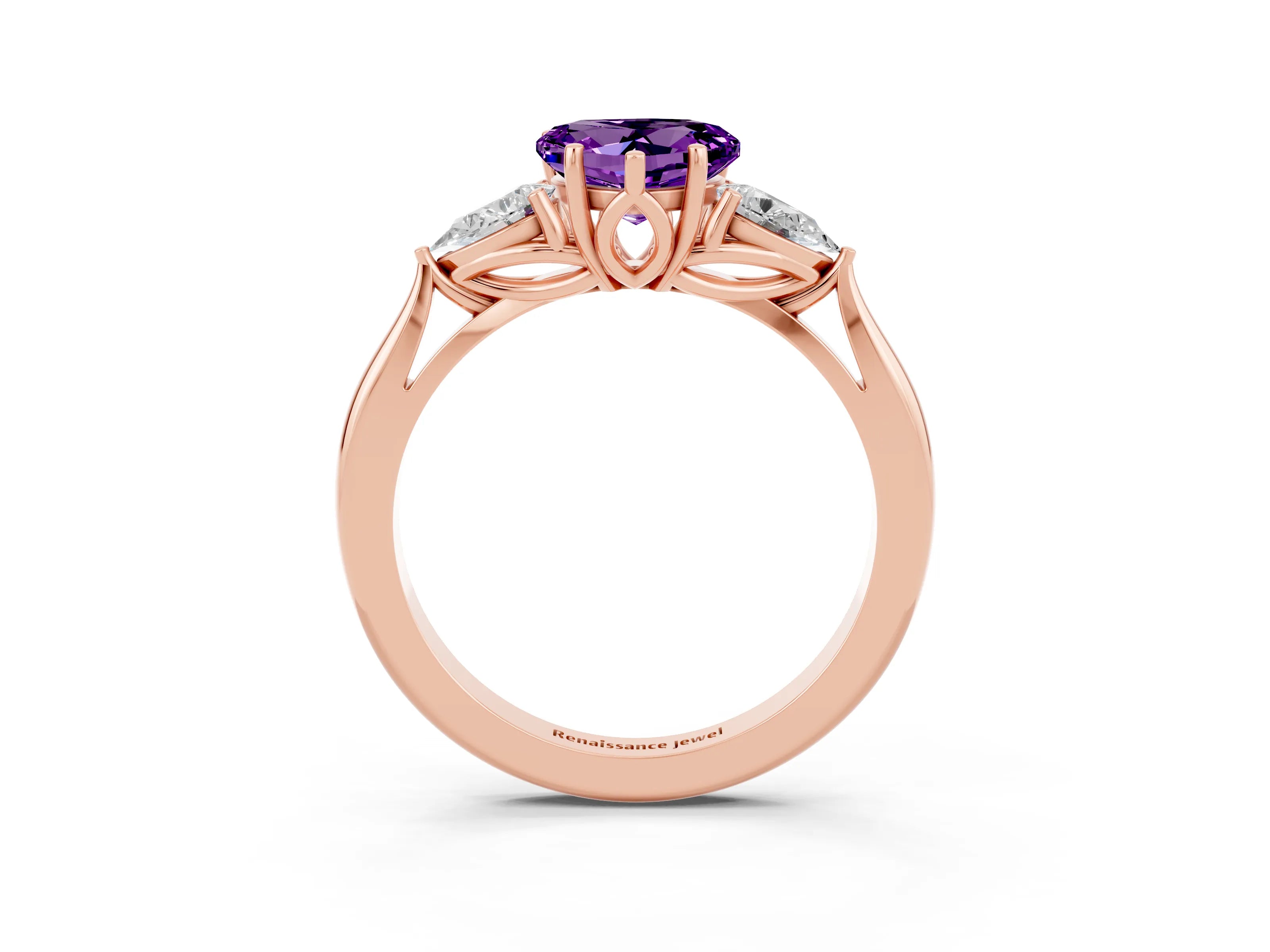 Rose gold Heart Cut Amethyst Three-Stone Ring with Pear Side Stones and Four-Prong Setting_15