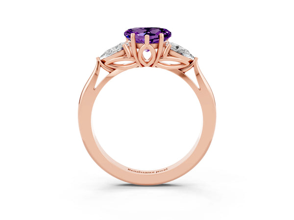 Rose gold Heart Cut Amethyst Three-Stone Ring with Pear Side Stones and Prong Setting