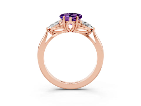 Rose gold Heart Cut Amethyst Three-Stone Ring with Pear Side Stones and Four-Prong Setting_15