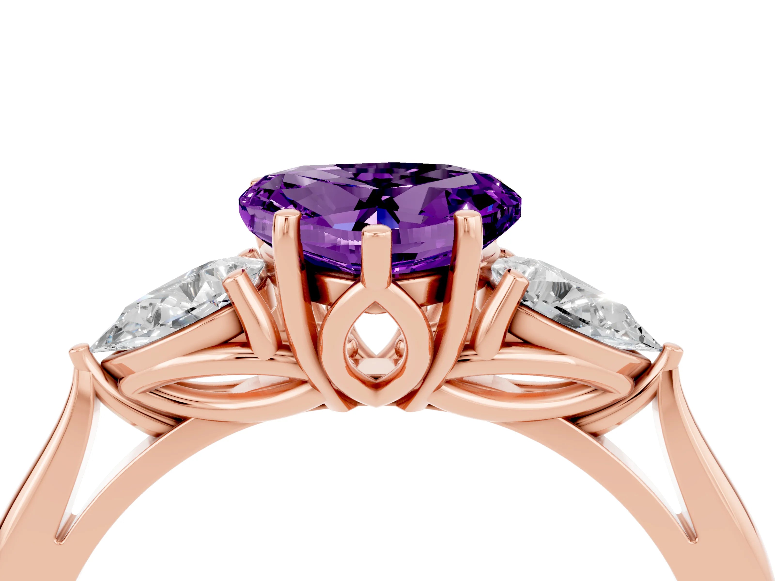Rose gold Heart Cut Amethyst Three-Stone Ring with Pear Side Stones and Four-Prong Setting_16