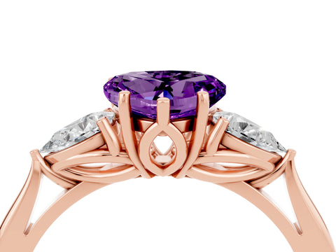 Rose gold Heart Cut Amethyst Three-Stone Ring with Pear Side Stones and Four-Prong Setting_16