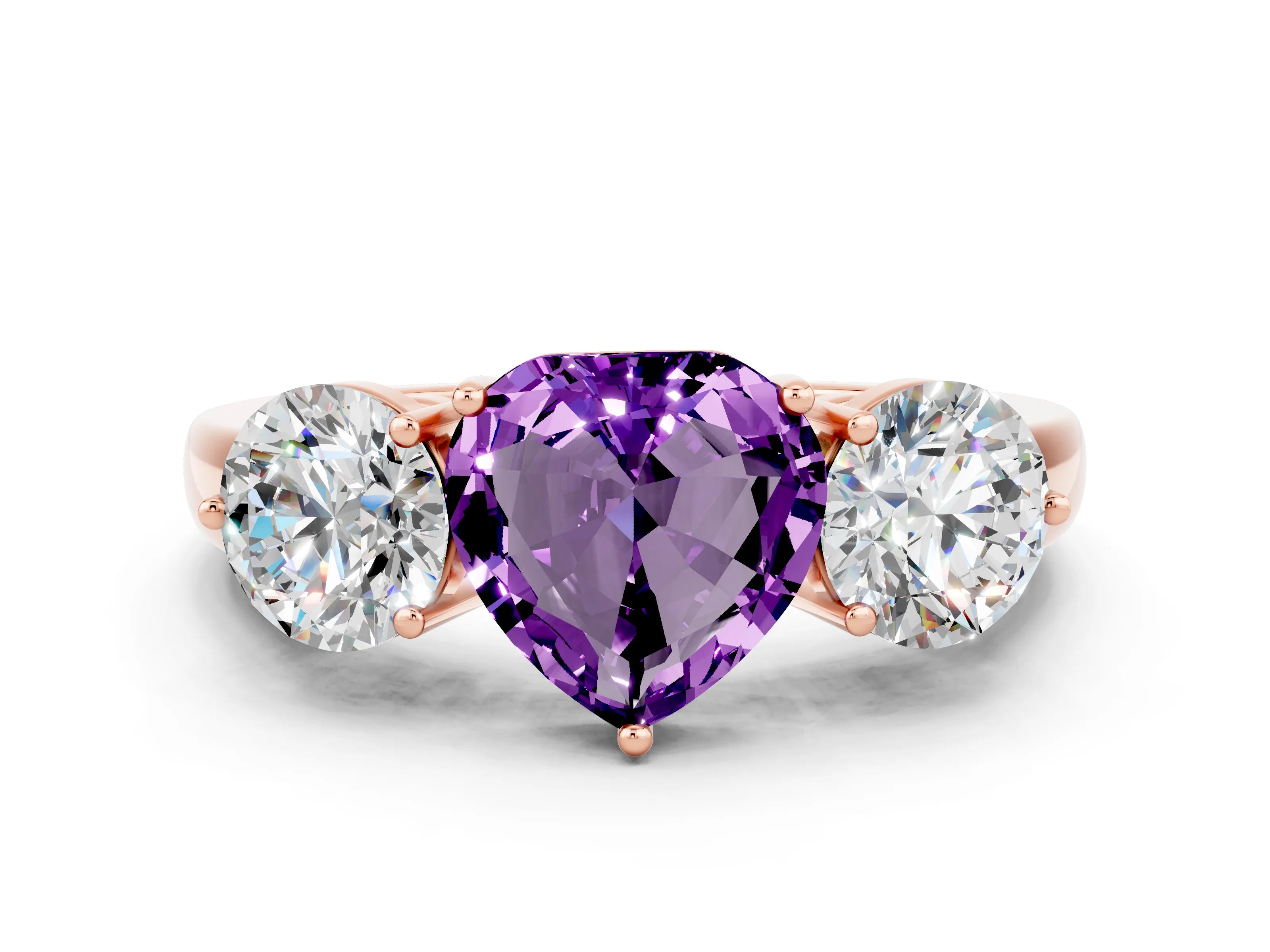 Rose gold Heart Cut Amethyst Three-Stone Ring with Prong Setting and Classic Band
