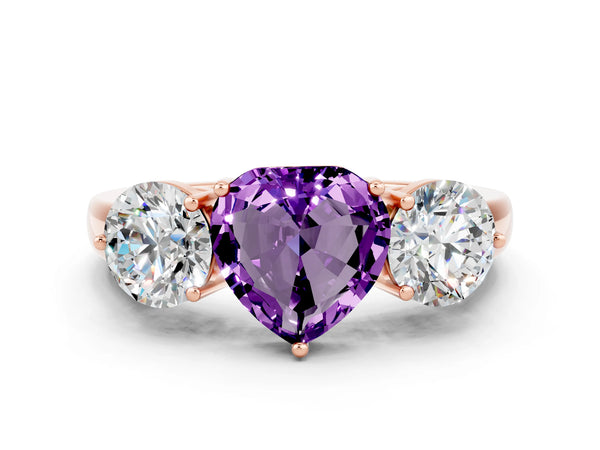 Rose gold Heart Cut Amethyst Three-Stone Ring with Prong Setting and Classic Band