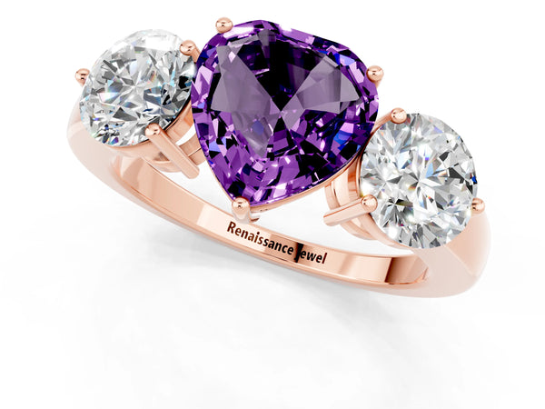 Rose gold Heart Cut Amethyst Three-Stone Ring with Prong Setting and Classic Band