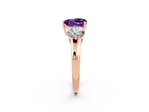 Rose gold Heart Cut Amethyst Three-Stone Ring with Prong Setting and Classic Band