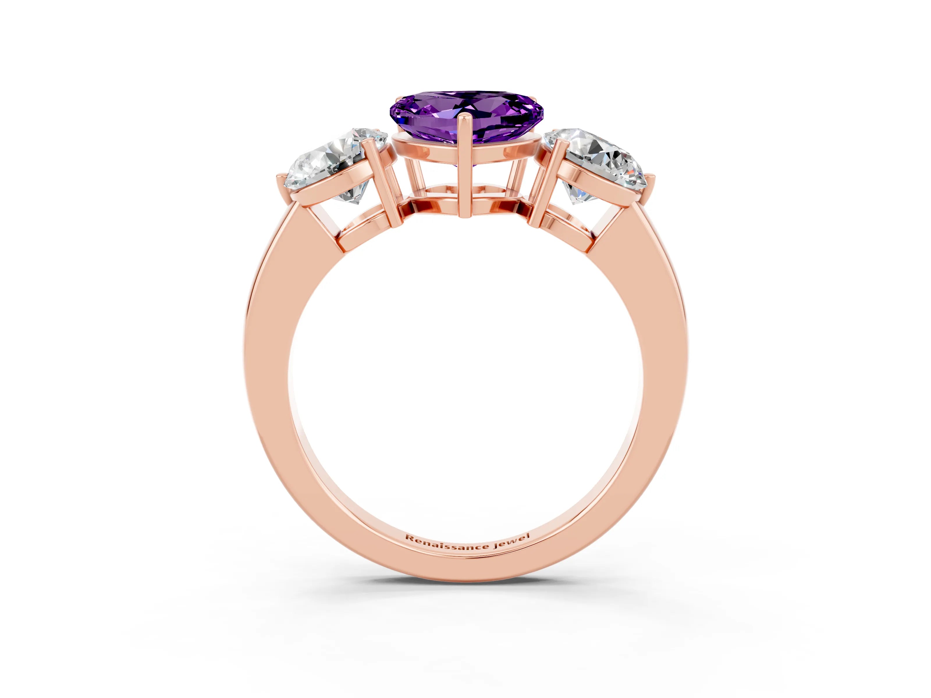 Rose gold Heart Cut Amethyst Three-Stone Ring with Prong Setting and Classic Band_3