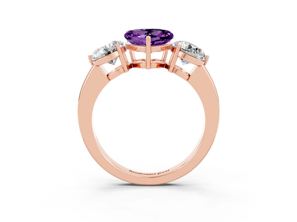 Rose gold Heart Cut Amethyst Three-Stone Ring with Prong Setting and Classic Band