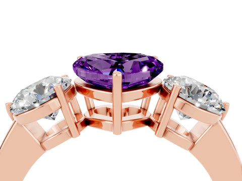 Rose gold Heart Cut Amethyst Three-Stone Ring with Prong Setting and Classic Band_4