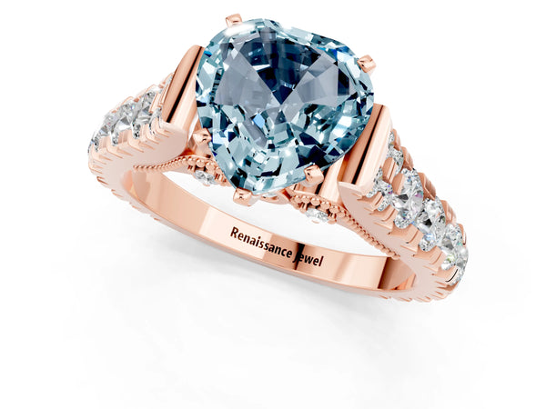 Rose gold Heart Cut Aquamarine Classic Solitaire Ring with Pavé Band and Four-Prong Setting