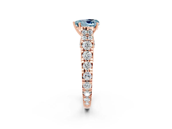 Rose gold Heart Cut Aquamarine Classic Solitaire Ring with Pavé Band and Four-Prong Setting