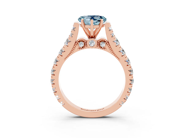 Rose gold Heart Cut Aquamarine Classic Solitaire Ring with Pavé Band and Four-Prong Setting
