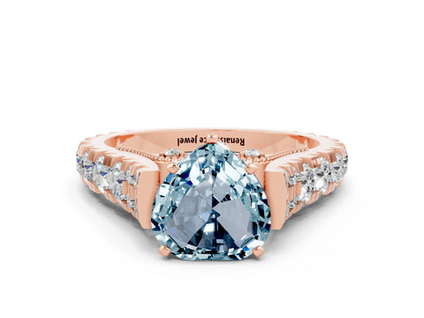 Rose gold Heart Cut Aquamarine Classic Solitaire Ring with Pavé Band and Four-Prong Setting