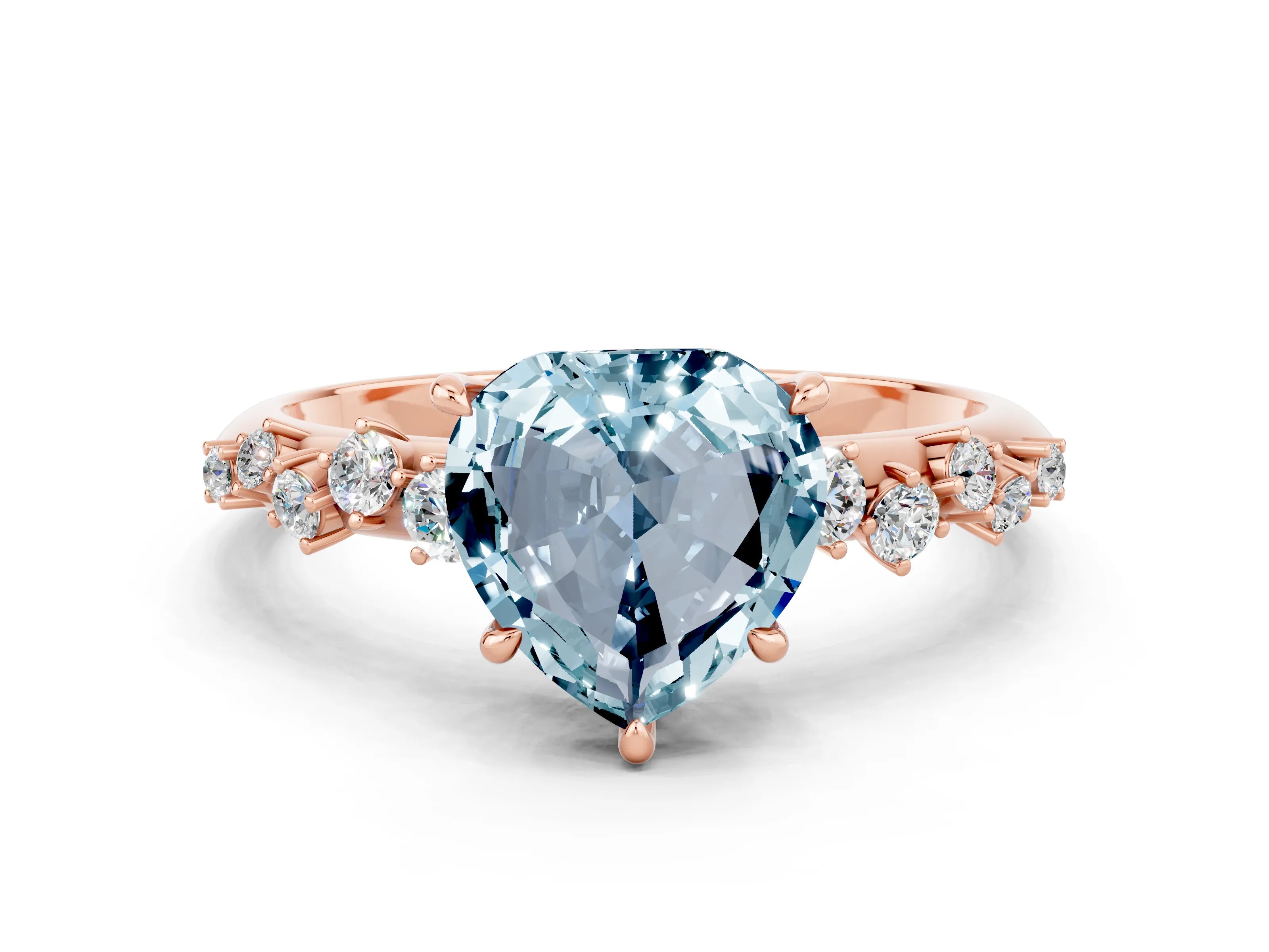 Rose gold Heart Cut Aquamarine Cluster Side Stone Solitaire Ring with Prong Setting_24
