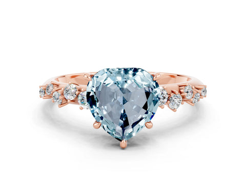 Rose gold Heart Cut Aquamarine Cluster Side Stone Solitaire Ring with Prong Setting_24