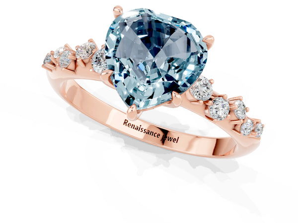 Rose gold Heart Cut Aquamarine Cluster Side Stone Solitaire Ring with Prong Setting
