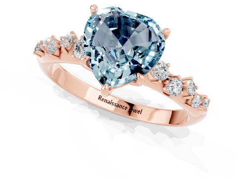 Rose gold Heart Cut Aquamarine Cluster Side Stone Solitaire Ring with Prong Setting_25
