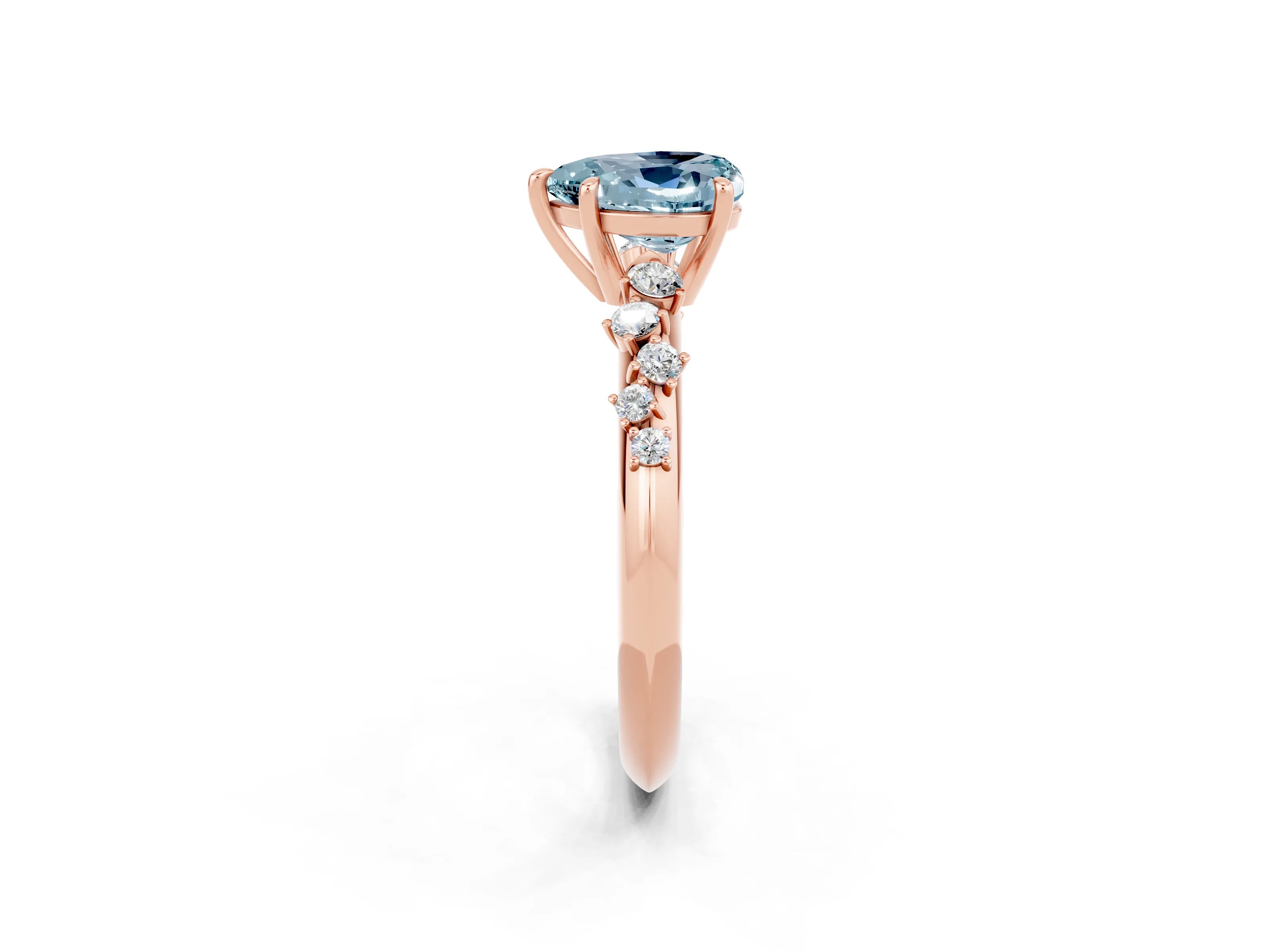 Rose gold Heart Cut Aquamarine Cluster Side Stone Solitaire Ring with Prong Setting_26