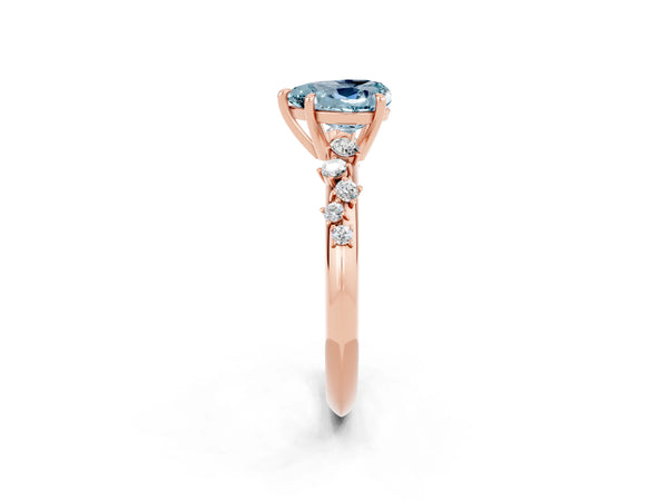 Rose gold Heart Cut Aquamarine Cluster Side Stone Solitaire Ring with Prong Setting